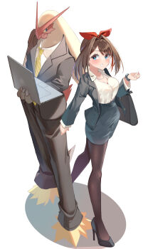 1girl absurdres black_jacket black_pantyhose black_suit blaziken breasts brown_hair business_suit cleavage closed_eyes collared_shirt computer fang formal_clothes gen_3_pokemon high_heels highres holding jacket laptop large_breasts long_sleeves may_(pokemon) medium_hair momdy_(talesshinja) necktie nintendo office_lady open_mouth pant_suit pants pantyhose pokemon pokemon_oras shirt simple_background skirt skirt_suit suit suit_jacket thighhighs white_shirt