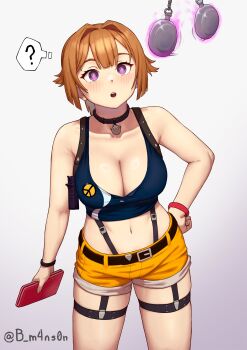 1girl :o ? @_@ absurdres bare_arms bare_shoulders belt black_collar blue_shirt blush breasts brown_hair buckle cleavage collar collarbone confused cowboy_shot crop_top girls&#039;_frontline grizzly_mkv_(girls&#039;_frontline) grizzly_mkv_(weekend_cop)_(girls&#039;_frontline) gun hair_intakes hand_on_own_hip highres holding holding_wallet holster hypnosis large_breasts m4ns0n midriff mind_control navel official_alternate_costume open_mouth pocket_watch purple_eyes shirt short_hair short_shorts shorts shoulder_holster simple_background solo spoken_question_mark standing tank_top thigh_strap twitter_username wallet watch weapon white_background wristband yellow_shorts