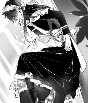 2boys alternate_costume apron aroused blush genshin_impact greyscale hamtaru542899 hand_to_own_mouth highres implied_fellatio maid maid_apron maid_headdress monochrome mors_gn multiple_boys tartaglia_(genshin_impact) twitter under_skirt white_background yaoi zhongli_(genshin_impact)