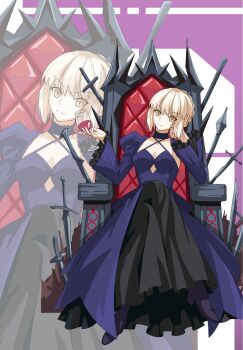 1girl andychen662000 artoria_pendragon_(fate) black_dress blonde_hair braid bun_with_braided_base card choker cup dress drinking_glass fate/stay_night fate_(series) hair_bun highres holding holding_cup playing_card purple_dress saber_alter sidelocks solo sword throne weapon wine_glass yellow_eyes