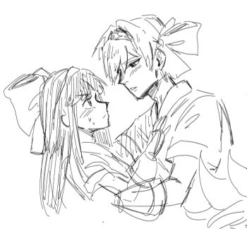 Rule 34 | 1boy, 1girl, ainu clothes, blush, breasts, fingerless gloves, flirting, from side, genderswap, genderswap (ftm), gloves, hair ribbon, hand on another's chest, hands on another's shoulder, height difference, highres, long hair, looking at another, monochrome, nakoruru, nervous, parted lips, ribbon, rimururu, samurai spirits, short hair, sketch, small breasts, snk, sweatdrop, teeth