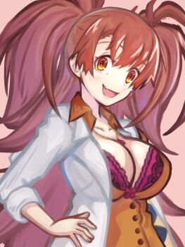 1girl :d alternate_breast_size_(larger) bra breasts brown_hair cleavage dr._arach fang hand_on_own_hip highres huge_breasts jewelry kore_(kore) lab_coat lace large_breasts long_hair looking_at_viewer necklace open_mouth orange_vest skin_fang smile solo tsukihime tsukihime_(remake) two_side_up underwear vest yellow_eyes