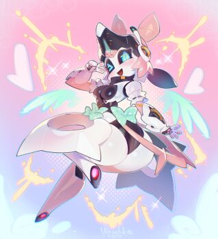 1girl angel_wings armband ass black_sclera blue_background blue_eyes blush bow breasts colored_sclera commentary dated english_commentary frilled_armband frills full_body gradient_background green_bow heart highres huge_ass humanoid_robot joints knee_up looking_at_viewer medium_breasts no_feet no_nose open_mouth pink_background polka_dot polka_dot_bow robot robot_ears robot_girl robot_joints signature smile solo sparkle ulitusya v wide_hips wings yutane_johiel zenless_zone_zero