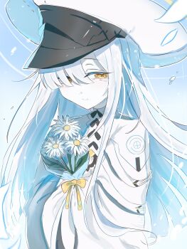 Rule 34 | 1girl, blue archive, blush, commentary request, crying, dandelion, flower, hat, highres, long hair, looking at viewer, malkuth (blue archive), solo, tears, upper body, very long hair, white hair, white hat, yellow eyes, zenmai 0522