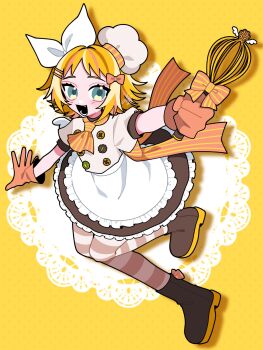 Rule 34 | 1girl, apron, ascot, back bow, blonde hair, blue eyes, boots, bow, buttons, chef hat, commentary request, dress, fang, footwear bow, frilled dress, frills, full body, gloves, hair bow, hair ornament, hairclip, hat, highres, holding, holding whisk, iroha (hourai 24), kagamine rin, kagamine rin (magic chef), mini chef hat, mini hat, mini wings, open mouth, pantyhose, project diva (series), short hair, short sleeves, smile, solo, standing, standing on one leg, striped ascot, striped clothes, striped pantyhose, sweet magic (vocaloid), vocaloid, waist apron, whisk, wings, yellow background