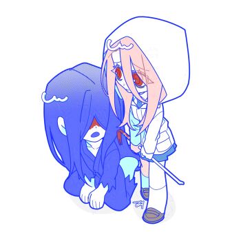 Rule 34 | 1boy, 1girl, adashino adami, bbabbamis2, blood, blood on face, blue hair, blue kimono, chibi, crowbar, highres, holding, holding crowbar, homicipher, hood, hood up, japanese clothes, kimono, long hair, mr. crawling, pink hair, raincoat, red eyes, ringed eyes, simple background, skirt, white background, white raincoat