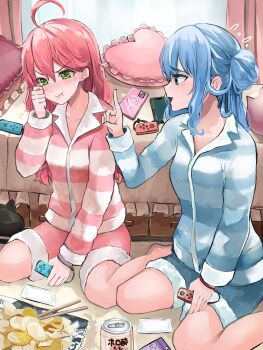 2girls ahoge alternate_costume blue_eyes blue_hair blue_shirt blue_shorts blush chips_(food) chopsticks controller crying drink flying_sweatdrops food game_controller green_eyes hair_between_eyes hand_up heart heart-shaped_pillow highres holding holding_controller holding_game_controller hololive hoshimachi_suisei index_finger_raised joy-con long_hair looking_at_another messy_hair multiple_girls nervous_sweating pillow pink_hair pink_shirt pink_shorts potato_chips pout sakura_miko sakuradakey shirt shorts sweat sweatdrop virtual_youtuber
