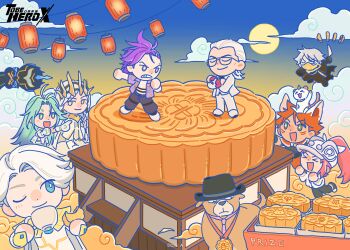 &gt;_&lt; 1other 3girls 5boys absurdres ahoge ahu_(to_be_hero_x) angry animal animal_ears animal_on_head armor big_johnny_(to_be_hero_x) black_jacket blue_hair chibi chibi_only chinese_commentary clenched_hand closed_eyes cloud cloudy_sky commentary_request crossed_arms crown cup day dog dragon_boy_(to_be_hero_x) e-soul_(to_be_hero_x) eating elbow_gloves everyone fedora fox_ears full_body ghostblade_(to_be_hero_x) glasses gloves grin hair_slicked_back hat helmet high_ponytail highres holding holding_cup jacket jumping kemonomimi_mode lantern little_johnny_(to_be_hero_x) loli_(to_be_hero_x) looking_at_another lucky_cyan_(to_be_hero_x) mask medal mohawk mooncake mullet multiple_boys multiple_expressions multiple_girls necktie nice_(to_be_hero_x) official_art on_head one_eye_closed open_mouth orange_hair oversized_object paper_lantern pink_hair pink_necktie pointing ponytail promotional_art purple_hair purple_shirt queen_(to_be_hero_x) shirt sidelocks sky smile smirk standing sun to_be_hero to_be_hero_x white_gloves white_hair x_(to_be_hero_x)