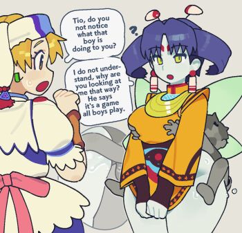 2girls ? age_difference antennae blonde_hair blue_hair commission commissioner_upload earrings elena_(grandia) emotionless_sex english_text facepaint from_behind grabbing_another's_breast grandia grandia_ii green_eyes groping hair_scarf headscarf jewelry long_hair multiple_girls onee-shota open_mouth orange_eyes pulling_own_clothes ribbon shota simple_background skirt sweat tio_(grandia) yono5