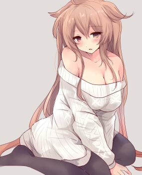 Rule 34 | 1girl, absurdres, alternate costume, black pantyhose, breasts, brown eyes, brown hair, cleavage, commentary request, dress, grey background, hair down, hair flaps, heterochromia, highres, hirune (konekonelkk), kantai collection, large breasts, long hair, murasame (kancolle), murasame kai ni (kancolle), pantyhose, red eyes, simple background, solo, sweater, sweater dress, white dress, white sweater