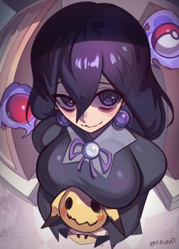 1girl 1other absurdres alternate_breast_size_(larger) aura bags_under_eyes between_breasts blue_fire blush breasts dress earrings fire from_above gen_7_pokemon ghost hex_maniac_(pokemon) hex_maniac_(pokemon_legends:_z-a) highres holding holding_pokemon jewelry juliet_sleeves large_breasts long_hair long_sleeves looking_at_viewer looking_down mimikyu nebura_(neburaart) neck_ribbon nintendo open_mouth poke_ball poke_ball_(basic) pokemon pokemon_(creature) pokemon_legends:_z-a puffy_sleeves purple_dress purple_eyes purple_hair purple_ribbon ribbon signature smile sphere_earrings teeth upper_teeth_only wavy_mouth