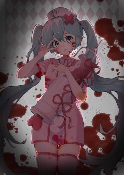 1girl :| ahoge aqua_eyes aqua_hair argyle_background blood blood_on_clothes blood_on_face blood_splatter blue_eyes blue_hair blush closed_mouth collared_dress commentary_request dim_lighting dress hair_between_eyes hair_ornament hat hatsune_miku heart heart_ahoge highres holding holding_syringe koiiro_byoutou_(vocaloid) long_hair looking_at_viewer nurse nurse_cap oversized_object pill pink_dress red_ribbon red_trim ribbon short_dress short_sleeves skindentation solo syringe tareme thighhighs twintails v very_long_hair vickey233 vocaloid x_hair_ornament zettai_ryouiki