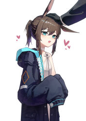 Rule 34 | 1girl, 1other, :d, absurdres, amiya (arknights), animal ears, arknights, black gloves, black jacket, blue eyes, blue jacket, brown hair, chinese commentary, choker, clothes writing, commentary request, gloves, hair between eyes, hand on another&#039;s head, headpat, heart, highres, jacket, long sleeves, looking ahead, looking at another, nian962464, off shoulder, open mouth, petite, ponytail, rabbit ears, rabbit girl, shirt, short hair, simple background, sleeves past fingers, sleeves past wrists, smile, solo focus, white background, white choker, white shirt