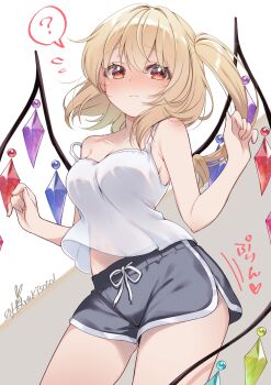 1girl ? absurdres alternate_costume black_shorts blonde_hair blush breasts camisole cleavage closed_mouth collarbone commentary_request cowboy_shot crystal crystal_wings flandre_scarlet haruki_(colorful_macaron) highres looking_at_viewer medium_breasts multicolored_wings no_headwear one_side_up red_eyes shorts solo spoken_question_mark strap_slip touhou translation_request twitter_username white_camisole wings