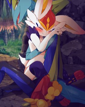 1boy 1girl ajiwo animal_ears arms_around_neck blue_skin blush body_fur brown_eyes cinderace closed_eyes closed_mouth colored_skin furry furry_female furry_male furry_with_furry gen_8_pokemon hetero highres hug inteleon nature nintendo open_mouth outdoors pokemon rabbit_ears rain sex sitting smile straddling upright_straddle wet white_fur