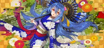 1girl alternate_costume artist_request blue_hair blue_kimono blue_umbrella chrysanthemum_print egasumi floral_print flower food-themed_hair_ornament furisode hair_bun hair_ornament hinanawi_tenshi holding holding_umbrella japanese_clothes kimono leaf_hair_ornament long_hair long_sleeves looking_at_viewer non-web_source obi official_art oil-paper_umbrella orange_flower outdoors peach_hair_ornament peony_print print_kimono red_eyes red_flower sash second-party_source solo sparkle stone_lantern touhou touhou_gensou_eclipse umbrella umbrella_over_shoulder very_long_hair white_flower wide_sleeves