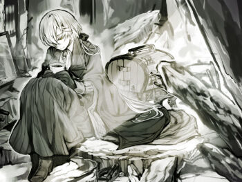 1girl cape commentary_request cup elysia_wentworth greyscale hair_over_one_eye holding holding_cup liarsoft light_rays long_skirt looking_down monochrome on_ground shiei_no_sona-nyl sitting skirt smile solo steampunk_(liarsoft) tenkuu_sphere