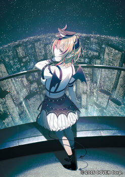 1girl aqua_eyes arm_at_side balcony black_boots blonde_hair boots breasts cityscape commentary_request company_name copyright_notice cropped_shirt demon_girl demon_horns demon_tail demon_wings from_above from_behind full_body hand_on_own_cheek hand_on_own_face hat hololive horizon horn_ornament horn_ring horns koh_rd long_hair looking_back multicolored_hair night official_alternate_costume official_alternate_hairstyle official_art peaked_cap perspective pleated_skirt pointy_ears red_hair short_sleeves sideboob skirt sky solo star_(sky) starry_sky strap streaked_hair tail turning_head virtual_youtuber wings yuzuki_choco yuzuki_choco_(police)