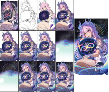 1girl absurdres amphoreus_(honkai:_star_rail) armlet bare_shoulders commentary cyrene_(honkai:_star_rail) cyrene_(ripples_of_past_reverie)_(honkai:_star_rail) diamond-shaped_pupils diamond_(shape) dress flower hair_flower hair_ornament highres holding_orb honkai:_star_rail honkai_(series) jewelry long_hair looking_at_viewer making-of nail_polish open_mouth pink_hair pink_nails pointy_ears purple_eyes purple_flower purple_rose rose sakana_(fishchunk) sidelocks sitting smile solo symbol-shaped_pupils very_long_hair white_dress