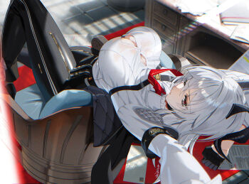 1girl armband black_armband black_eyes black_gloves black_horns black_pants breasts button_gap chair chest_harness cleavage commentary_request curled_horns gloves grey_hair harness horns indoors large_breasts leaning_back long_hair multicolored_eyes necktie on_chair pants red_eyes red_necktie scottie_(phantom2) shirt shirt_tucked_in solo two-tone_eyes white_shirt wuthering_waves zani_(wuthering_waves)