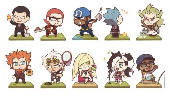 1girl 6+boys :d aether_foundation animal animal_crossing archie_(pokemon) bug butterfly_net chair chibi closed_mouth commentary cyrus_(pokemon) dark-skinned_male dark_skin digging dirt drink fishing_rod frown ghetsis_(pokemon) giovanni_(pokemon) grass grin guzma_(pokemon) hand_net holding holding_shovel lusamine_(pokemon) lysandre_(pokemon) maxie_(pokemon) microphone microphone_stand multiple_boys music musical_note net nintendo open_mouth piers_(pokemon) pokemon pokemon_bw pokemon_dppt pokemon_frlg pokemon_oras pokemon_sm pokemon_swsh pokemon_xy rose_(pokemon) sack shorts shovel singing sitting smile spider ssalbulre star_(symbol) sweat team_aqua team_flare team_galactic team_magma team_plasma team_rocket team_skull team_yell teeth water watering_can white_background