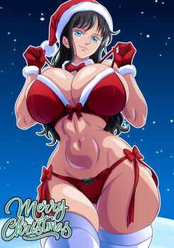 1girl absurdres black_hair blue_eyes bow bow_panties bra bra_pull breasts christmas closed_mouth clothes_pull curvy english_text gloves hat highres huge_breasts long_hair looking_at_viewer navel nico_robin night one_piece panties red_bra red_gloves red_panties santa_costume santa_hat smile snow snowing solo soul-z thighhighs underwear wide_hips