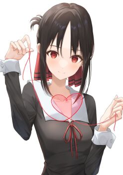 1girl black_hair breasts closed_mouth collarbone dot_nose folded_ponytail hair_ribbon hands_up heart heart_of_string highres holding holding_string kaguya-sama_wa_kokurasetai_~tensai-tachi_no_renai_zunousen~ kanaria_hisagi long_sleeves looking_at_viewer neck_ribbon red_eyes red_ribbon ribbon school_uniform shinomiya_kaguya shuuchiin_academy_school_uniform sidelocks simple_background small_breasts smile solo string upper_body white_background winter_uniform
