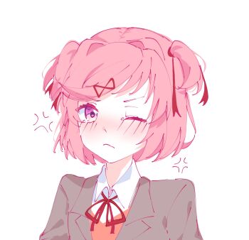 Rule 34 | 1girl, anger vein, blazer, bob cut, collared shirt, doki doki literature club, doki doki literature club school uniform, gaww x x, grey jacket, hashtag-only commentary, highres, jacket, looking at viewer, natsuki (doki doki literature club), neck ribbon, one eye closed, pink eyes, pink hair, pink vest, ribbon, school uniform, shirt, solo, two side up, upper body, vest, white shirt