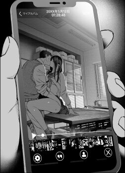 1boy 1girl arm_support cellphone close-up clothes_grab dated desk greyscale hand_on_another's_thigh hand_under_clothes hand_under_skirt hetero highres holding holding_phone indoors jorori kiss long_hair monochrome original phone fake_phone_screenshot pleated_skirt school school_uniform screen serafuku short_hair sitting skirt smartphone standing straight_hair sweater_vest thighs