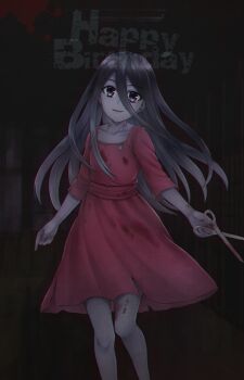 1girl absurdres blood blood_on_clothes blood_on_leg blood_on_scissors colored_skin commentary_request corpse_party cpsuna5119 dress ghost_girl grey_eyes grey_skin hair_between_eyes happy_birthday highres holding holding_scissors long_hair red_dress scissors shinozaki_sachiko smile solo torn_clothes torn_dress