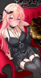 Rule 34 | 1girl, black choker, black dress, black thighhighs, blush, choker, closed mouth, couch, cross, cross necklace, dress, hand in own hair, head tilt, heratic, highres, jewelry, leaning to the side, light smile, necklace, on couch, phase connect, phonograph, pink hair, purple eyes, runie ruse, sitting, thighhighs, virtual youtuber