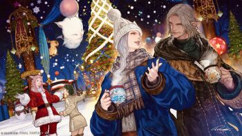 Rule 34 | animal ears, beanie, cat ears, chocobo, christmas, christmas ornaments, christmas tree, coat, cup, elezen, elf, final fantasy, final fantasy xiv, fur trim, grey hair, hat, highres, hyur, miqo'te, moenbryda wilfsunnwyn, moogle, mug, official art, pointy ears, santa costume, scarf, smile, snow, snowing, snowman, urianger augurelt, winter clothes, winter coat