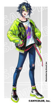 Rule 34 | 1boy, :d, ahoge, belt, black hair, black jacket, black shoes, black tank top, blue pants, border, collarbone, colored shoe soles, commentary request, copyright notice, denim, full body, green belt, green hair, green jacket, grey background, hair between eyes, hair flaps, hands on own hips, inami rai, jacket, jeans, koujisako, light bulb print, long sleeves, looking at viewer, male focus, multicolored hair, multicolored jacket, multicolored shoes, nijisanji, official art, open clothes, open jacket, open mouth, outside border, pants, print shirt, purple eyes, red belt, sample watermark, shirt, shoes, short hair, simple background, smile, sneakers, solo, standing, streaked hair, sukajan, tank top, torn clothes, torn jeans, torn pants, twitter username, two-tone jacket, two-tone shoes, undershirt, virtual youtuber, watermark, white border, white shirt, white shoes, zipper