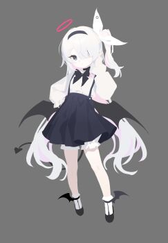 Rule 34 | 1girl, absurdres, alternate costume, black choker, black eyes, black hairband, black skirt, bloomers, blue archive, bow, choker, closed mouth, colored inner hair, demon tail, demon wings, full body, grey background, hair over one eye, hairband, halo, hashtag-only commentary, highres, long hair, long sleeves, looking at viewer, low wings, multicolored hair, pink halo, plana (blue archive), red halo, red pupils, shirt, shoes, simple background, skirt, socks, solo, suspender skirt, suspenders, tail, underwear, very long hair, white hair, white shirt, white socks, wings, yushan liang sheng