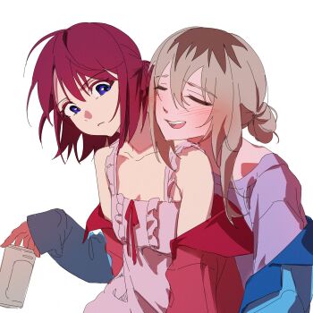2girls absurdres beer_can blue_eyes blush can closed_eyes closed_mouth commentary drink_can drunk girls_band_cry hair_between_eyes hair_bun hashtag-only_commentary highres holding holding_can hug hug_from_behind iseri_nina jacket kawaragi_momoka multicolored_hair multiple_girls nikekekeke_kek off_shoulder red_hair red_jacket roots_(hair) short_hair sidelocks simple_background single_hair_bun spaghetti_strap white_background yuri