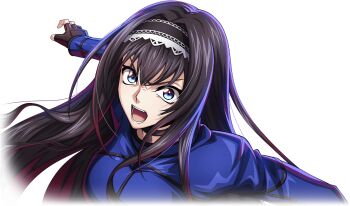 1girl angry black_gloves black_hair blue_eyes blue_jacket code_geass code_geass:_lost_stories f4samurai gloves highres jacket long_hair looking_at_viewer maya_disel multiple_girls official_art open_mouth simple_background solo teeth transparent_background
