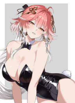 1girl absurdres alternate_breast_size_(larger) alternate_costume bare_shoulders black_bow black_bowtie black_leotard border bow bowtie braid breasts changli_(wuthering_waves) cleavage commentary detached_collar detached_hair fake_tail grey_background hair_bow hair_extensions hair_ornament highres huge_breasts leotard light_blush light_smile long_hair looking_at_viewer multicolored_hair orange_eyes parted_lips pink_hair rabbit_tail ring_hair_extensions solo tacet_mark_(wuthering_waves) tail thighs twin_braids two-tone_hair twomoon white_border white_hair wuthering_waves