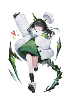 Rule 34 | 1girl, arknights, bike shorts, black gloves, black hair, black shoes, black socks, box, closed eyes, coat, full body, gift, gift box, gloves, green sweater, hat, heart, highres, holding, holding gift, horns, long sleeves, mon3tr (arknights), ness (pjw0168), puffy coat, puffy sleeves, shoes, short hair, simple background, smile, socks, sweater, tail, teeth, unworn hat, unworn headwear, white background, white coat