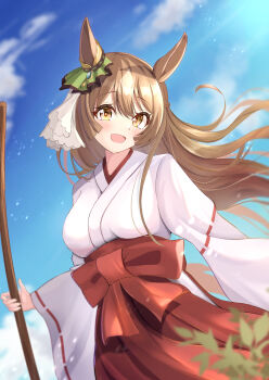 1girl absurdres animal_ears blue_sky blush bow braid breasts broom brown_eyes brown_hair cloud commentary_request double-parted_bangs ear_ornament hair_between_eyes hakama hakama_skirt half_up_braid highres holding holding_broom horse_ears horse_girl horse_tail japanese_clothes kimono large_breasts long_hair long_sleeves looking_at_viewer miko multicolored_hair open_mouth red_bow red_hakama sash satono_diamond_(umamusume) shuten_(shutehaan) skirt sky smile solo streaked_hair tail umamusume very_long_hair white_kimono wide_sleeves