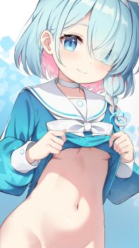 Rule 34 | 1girl, absurdres, aqua hair, arona (blue archive), blue archive, blue background, blue eyes, blue shirt, blush, bottomless, bow, bowtie, braid, breasts, chaoji da yuwan, chinese commentary, choker, closed mouth, clothes lift, colored inner hair, commentary request, eyes visible through hair, groin, hair over one eye, hairband, highres, lifting own clothes, long sleeves, multicolored hair, navel, no bra, out-of-frame censoring, pink hair, puffy long sleeves, puffy sleeves, sailor collar, shirt, shirt lift, short hair, side braid, single braid, small breasts, smile, solo, stomach, two-tone background, two-tone hair, underboob, upper body, white background, white bow, white bowtie, white choker, white hairband, white sailor collar