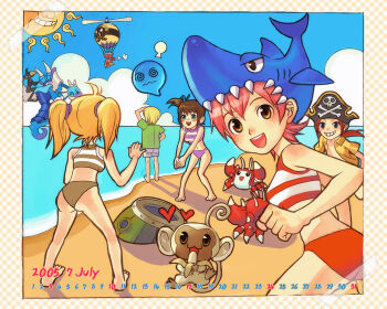 2005 :d aircraft aqua_eyes aqua_ribbon artist_request asgard banana beach bikini black_hat blue_hat blue_sky blush bone_print border brown_bikini calendar_(medium) closed_mouth cloud collared_shirt crab cumulonimbus_cloud dated day eating food fruit green_shirt green_sleeves grey_shorts hair_ribbon hair_tie hat heart holding holding_food hot_air_balloon july long_hair looking_at_viewer medium_hair monster multicolored_bikini navel nexon official_art official_wallpaper open_clothes open_mouth open_shirt pink_hair pirate_hat plaid_border ponytail print_hat purple_bikini red_bikini red_hair ribbon sand second-party_source shark_hat shirt short_hair shorts skull_and_crossbones skull_print sky smile striped_bikini striped_clothes sun swimsuit tape teeth toes tongue twintails two-tone_bikini upper_teeth_only water white_bikini white_fur wing_collar yellow_eyes yellow_shirt yellow_sleeves