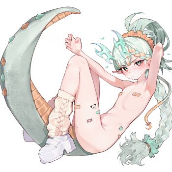 1girl absurdres anomarasu aqua_hair bandaid bandaids_on_nipples braid commentary diamond-shaped_pupils diamond_(shape) dragon_girl dragon_horns dragon_tail flat_chest full_body green_eyes highres horns long_braid long_hair looking_at_viewer loose_socks multicolored_eyes multicolored_hair nude orange_eyes orange_hair original pasties platform_shoes simple_background socks solo symbol-only_commentary symbol-shaped_pupils tail two-tone_eyes two-tone_hair white_background