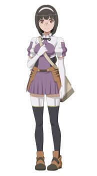 10s 1girl absurdres bag black_hair blush boots breasts brown_eyes dungeon_ni_deai_wo_motomeru_no_wa_machigatteiru_darou_ka elbow_gloves flower glasses gloves hairband highres large_breasts long_hair looking_at_viewer official_art riine_arshe smile solo sword_oratoria tears thigh_boots thighhighs thighhighs_under_boots transparent_background white_thighhighs