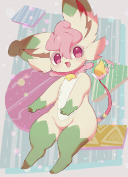 Rule 34 | 1girl, :3, :d, abstract, animal ears, blush, chibikemo, colored eyelashes, commentary request, digitigrade, fewer digits, full body, furry, furry female, highres, light blush, looking at viewer, open mouth, original, pear-shaped figure, pink eyes, pink hair, rorizu, short hair, shortstack, smile, solo, standing, tail, wide hips, yellow fur