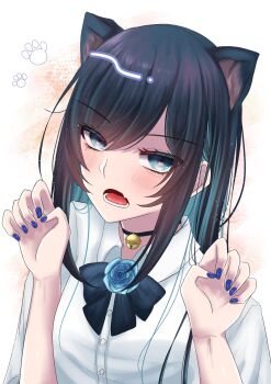 Rule 34 | 1girl, ado (utaite), animal ears, bell, black bow, black bowtie, black choker, black hair, blue eyes, blue hair, blush, bow, bowtie, cat ears, cat girl, chando (ado), choker, colored inner hair, commentary request, dress shirt, fang, highres, kemonomimi mode, long hair, mole, mole under eye, multicolored hair, neck bell, open mouth, paw pose, shirt, shoko (gs music11), skin fang, solo, symbol-shaped pupils, utaite, white shirt