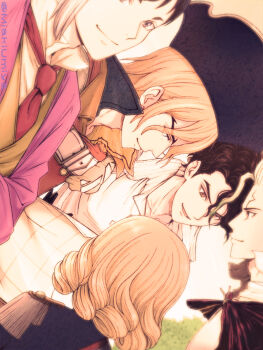 1other 4boys asagiri_gen asymmetrical_hair black_hair blonde_hair blue_eyes brother_and_sister brothers brown_hair curly_hair dr._stone epaulettes francois_(dr._stone) gloves hat highres ishigami_senkuu looking_at_another miakiumiya multicolored_hair multiple_boys nanami_ryuusui nanami_sai necktie red_necktie short_hair siblings smile two-tone_hair white_hair