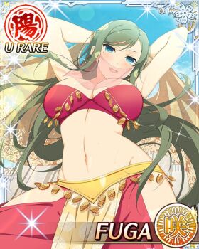1girl arabian_clothes arms_behind_head arms_up belly_dancing blue_eyes border breasts card_(medium) character_name cleavage dancer english_text fuga_(senran_kagura) game_cg green_hair harem_outfit large_breasts long_hair looking_at_viewer midriff mole mole_under_eye mouth_veil navel official_alternate_costume official_art open_mouth senran_kagura senran_kagura_new_wave smile solo swept_bangs veil