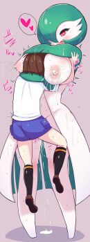 1boy 1girl :d absurdres age_difference between_breasts blush bob_cut breasts brown_hair brown_shoes colored_skin cum cum_in_pussy cum_pool cumdrip dress ekitai florian_(pokemon) full_body gardevoir gen_3_pokemon green_dress green_hair green_skin hair_over_one_eye happy_sex head_between_breasts heart heart-shaped_pupils held_up hetero highres hug interspecies lactation large_breasts milk multicolored_skin naranja_academy_school_uniform nintendo nipples onee-shota open_clothes open_dress open_mouth pokemon pokemon_(creature) pokemon_sv pokephilia purple_shorts red_eyes sex shoes short_hair shorts shota simple_background size_difference smile spoken_heart standing standing_sex suspended_congress sweat symbol-shaped_pupils topless_female two-tone_dress two-tone_skin vaginal white_dress white_skin