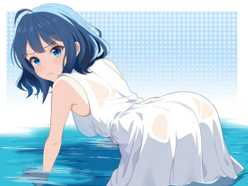 1girl absurdres ahoge all_fours ass blue_eyes blue_hair blue_komett blue_theme breasts closed_mouth dress fallen_down highres in_water looking_at_viewer looking_back make_heroine_ga_oo_sugiru! medium_breasts medium_hair partially_submerged river see-through_clothes solo sundress water wet wet_clothes white_dress yanami_anna