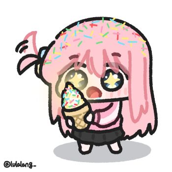 Rule 34 | + +, 1girl, :o, black skirt, blue eyes, bocchi the rock!, chibi, chibi only, drooling, food, full body, gotoh hitori, hair sprinkles, hair wagging, highres, holding, holding food, holding ice cream, holding ice cream cone, ice cream, ice cream cone, jacket, long hair, looking at viewer, lulalang, one side up, open mouth, pink hair, pink jacket, saliva, simple background, skirt, solo, sprinkles, standing, surprised, white background